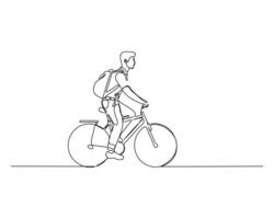 Minimalist continuous line drawing of a man in a casual outfit riding a bicycle to work, showcasing simplicity and motion. Perfect for lifestyle, transportation, and urban commute themes. vector