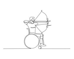 Continuous line art of a person in a wheelchair aiming a bow and arrow, representing adaptive sports, resilience, and the spirit of inclusion in minimalistic artistic style. vector
