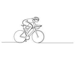 Minimalist continuous line drawing of a cyclist in a racing posture, wearing a helmet and cycling attire. Simple and dynamic design, ideal for sports, fitness, and active lifestyle illustrations. vector