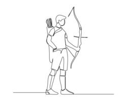 Continuous line drawing of an archer holding a bow and arrow, with a quiver on the back. The minimalist style emphasizes the archer's stance and equipment. vector