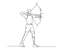 Continuous line art of an athlete with a prosthetic leg practicing archery, symbolizing determination, adaptive sports, and overcoming challenges in a minimalist artistic style. vector