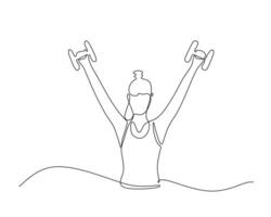 A woman standing casually, lifting a dumbbell with both hands. Perfect for illustrating fitness, strength training, and workout concepts. Minimalist continuous line art style adds a modern touch. vector