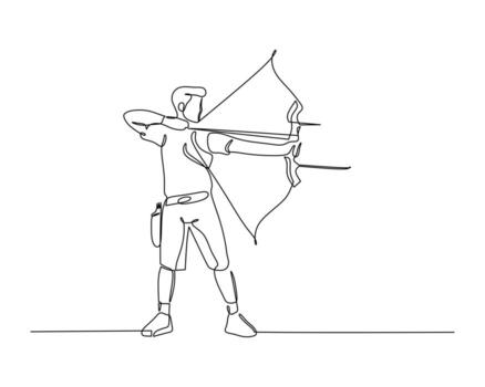 Continuous line drawing of an archer aiming with a bow and arrow, showcasing precision and focus in archery. Ideal for sports, recreation, and skill-themed designs. vector