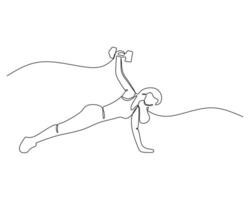 Continuous line drawing of a person performing a side plank exercise with a dumbbell, showcasing strength and balance in a minimalist style. vector