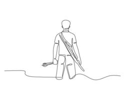 Minimalist continuous line drawing of a person walking with a spear, symbolizing adventure and exploration. Ideal for themes of journey, determination, and simplicity. vector