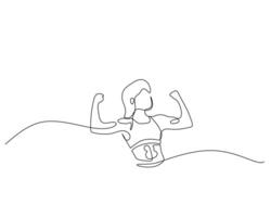 Continuous line drawing of a woman flexing her biceps, symbolizing fitness, empowerment, and strength in a minimalistic art style. vector