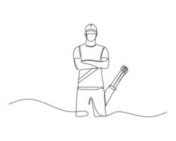 Continuous line drawing of an archer standing with gear, wearing a cap, and holding a quiver with arrows. Minimalist design capturing the essence of archery in an artistic style. vector