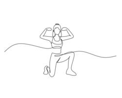 Continuous line drawing of a woman kneeling on one knee, flexing her biceps in a strong pose, symbolizing strength and fitness. vector