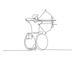 Continuous line drawing of a person in a wheelchair practicing archery, symbolizing determination, adaptive sports, and inclusion in minimalistic art. vector