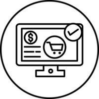 A black and white line drawing of a computer screen with a shopping cart vector