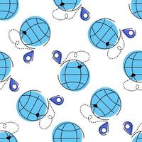 Seamless pattern featuring blue globes with location pins and dotted delivery paths. Perfect for supply chain, logistics, global shipping, and delivery-themed designs. vector