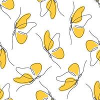 Seamless pattern featuring elegant butterflies created with continuous lines and bold yellow accents. Minimalist and modern design, perfect for fabrics, wallpapers, and digital projects. vector