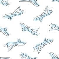 Seamless pattern featuring airplanes in minimalist line art style with a soft blue accent. Perfect for themes of international air travel, aviation, passenger transport, and flight services. vector