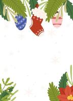 Festive Poster template frame featuring a red stocking, hanging ornaments, greenery, a poinsettia, and snowflakes on a light background with blank space. vector