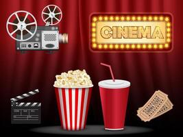 Realistic popcorn on stage with red curtains, popcorn concept in cinema and entertainment in cinema. 3D popcorn for Poster design, advertisement, web banner, billboard and etc. vector