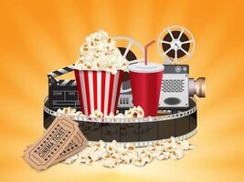 Realistic popcorn on yellow background, popcorn concept in cinema and entertainment in cinema. 3D popcorn for Poster design, advertisement, web banner, billboard and etc. vector