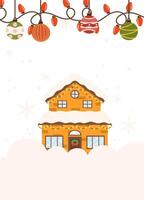 Festive Poster template Frame featuring a snow-covered house decorated with string lights, colorful hanging ornaments, and snowflakes on a light background. vector