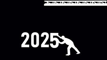 Happy new year 2025 welcome Alpha Channel. Year changing from 2024 to 2025. end of 2024 and starting of 2025. letter 3 Lifting by crane letter 4 pushing by a man. construction cranes with numbers 2025 video