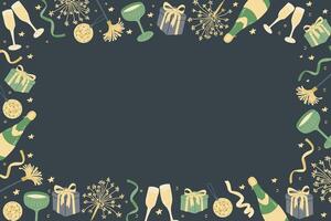 Festive New Year background with champagne glasses, gift boxes, sparklers, and ribbons in gold and green tones, arranged around a dark blank space for text. Flat background vector