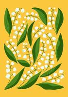 Bright botanical illustration of lily of the valley flowers with green leaves arranged on vibrant yellow background, creating cheerful springtime design. Retro 60s style poster vector