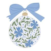 Delicate Christmas ornament with blue floral patterns, green leaves, and a matching blue bow, showcasing an elegant and festive design. Vintage hand drawn drawing isolated on white background vector