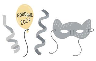 Festive illustration with New Year party items, such as balloon, silver mask with stars, and curling ribbons in minimalist flat style. Hand drawn clipart isolated on white background vector