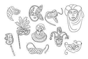 Line art illustration of various Venice carnival masks featuring intricate designs, feathers, and traditional elements representing the festive and theatrical culture. Hand drawn drawings vector