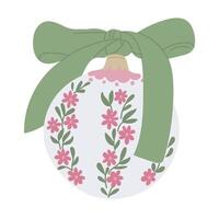 Decorative Christmas ornament with floral patterns and large green bow in a minimalist flat illustration style. Vintage hand drawn drawing isolated on white background vector