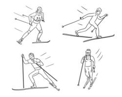 Line art illustrations of cross country skiers in dynamic poses, depicting various skiing techniques with minimalistic elements. Winter sport outline drawing on white background vector