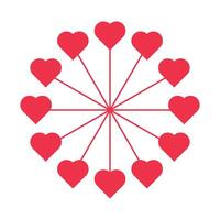 A circular arrangement of red heart shapes connected by lines, resembling a clock face. vector