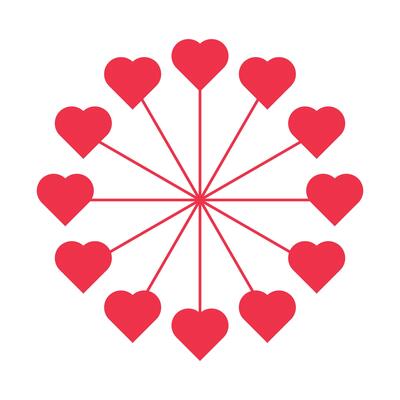 A circular arrangement of red heart shapes connected by lines, resembling a clock face.