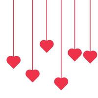 Red heart shapes hanging from strings on a white background, creating a minimalist and romantic design. vector