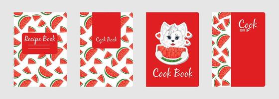 Set of cover designs for notebook, notepad, cook book, catalog with little white cat and watermelon slice. Vertical format A4,A5. vector