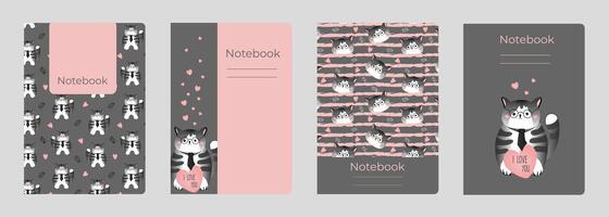 Set of cover designs for notebook, notepad, book, catalog with grey, striped, smart cat. Vertical format A4,A5. vector