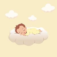 Adorable illustration of a baby sleeping peacefully on a fluffy cloud, surrounded by soft clouds in a pastel sky. Perfect for baby products, nursery decor, childrens books, and parenting themes vector