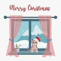 Christmas window with a winter landscape, a cat sits on the windowsill. View from the house to nature in the winter season. Merry Christmas greeting card template. vector