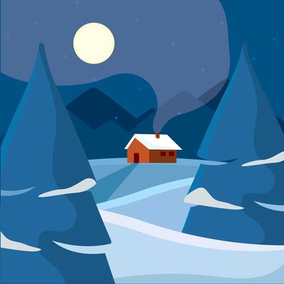 Snowy cabin in pine forest under full moon