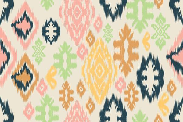Seamless ethnic Ikat pattern with tribal and folk embroidery influences, featuring Aztec geometry in a Mexican style. Ideal for graphic design, carpets, wallpapers, wrapping paper, and clothing.