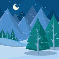 Snowy forest and mountains under a crescent moon vector