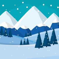 Snowy mountains and pine trees under falling snow vector