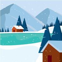 Snowy cabins by a frozen lake and pine forest vector
