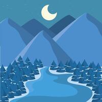 Moonlit snowy river with trees and mountains vector
