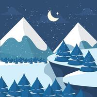 Snowy mountain peaks and trees under starlit sky vector