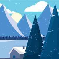 Snowy mountains with tall pine trees and sunrise vector