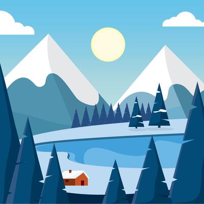 Snowy mountain lake with trees and cabin