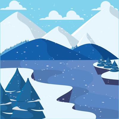 Winter mountains and snowy river with pine trees
