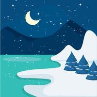Nighttime snowy landscape with moon and trees vector