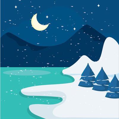 Nighttime snowy landscape with moon and trees