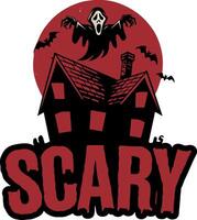 Haunting scene with moon, ghostly figure, horror , zombie, creepy, scary, eerie abandoned house, broken windows, dilapidated roof, and bold 'SCARY' text in dripping letters. dark logo vector