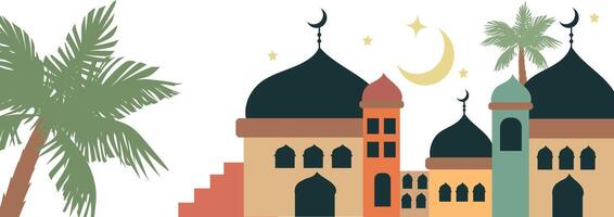 Islamic architecture illustration with domed buildings, crescent moon, and palm trees on a white background vector